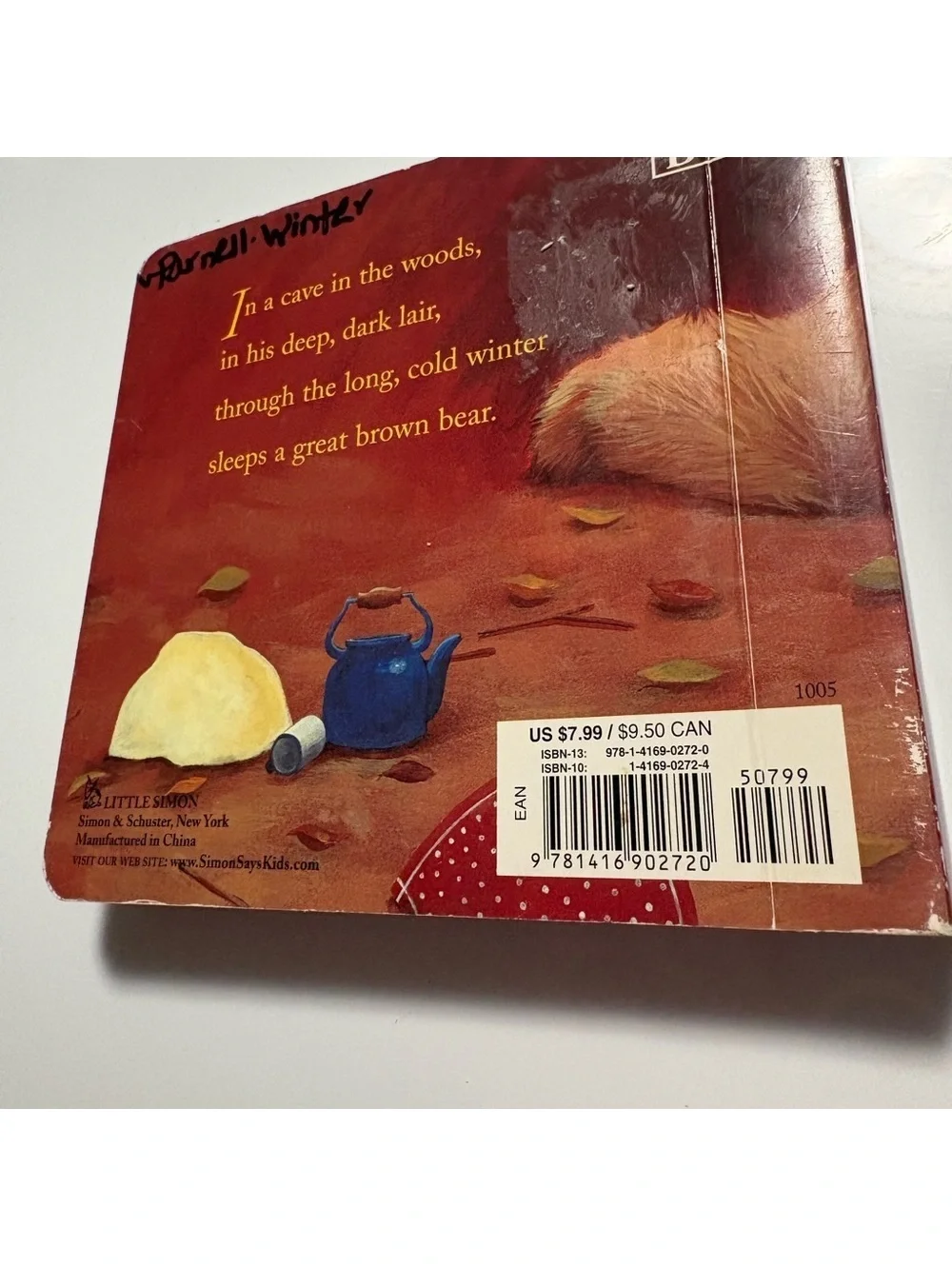Bear snores on wooden book